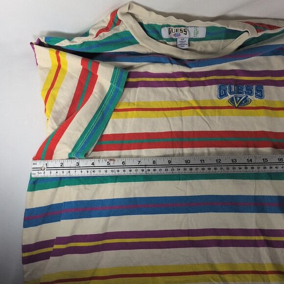 GUESS 90s Striped Embroidered Shirt Men S Small White Multi Short Sleeve Retro - Picture 7 of 11